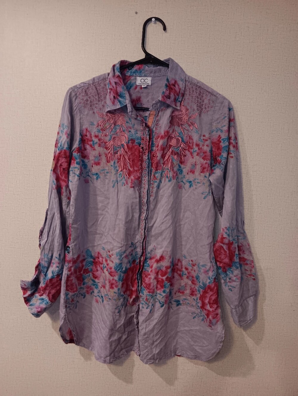 Chic Connection  Floral Lavender Button-Down Shirt with Pink & Teal Accents